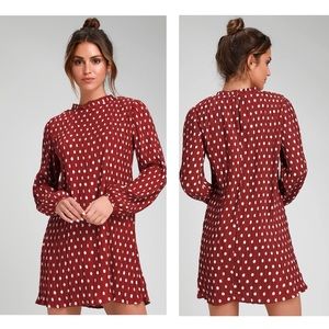 Lulu’s Pleat to Meet You Wine Red Polka Dot Shift Dress
